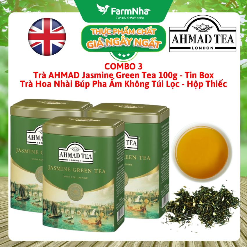 (Combo 3) Trà Ahmad Jasmine Tea 100g Hộp Thiếc Pha Ấm - Trà Xanh Hoa Nhài Tinh Khiết và Thăng Hoa 