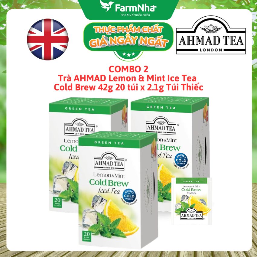 (Combo 3) Trà Ahmad Tea Lemon & Mint Iced Tea Cold Brew 42g 20túix2.1g Túi thiếc – Chanh Bạc Hà Tươi Mát & Sảng Khoái