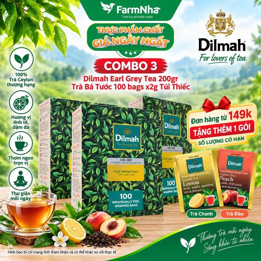 (Combo 3) Trà Dilmah Earl Grey Flavoured Pure Ceylon Black Tea 200g 100x2g Túi Thiếc - Tinh Hoa Trà Bá Tước