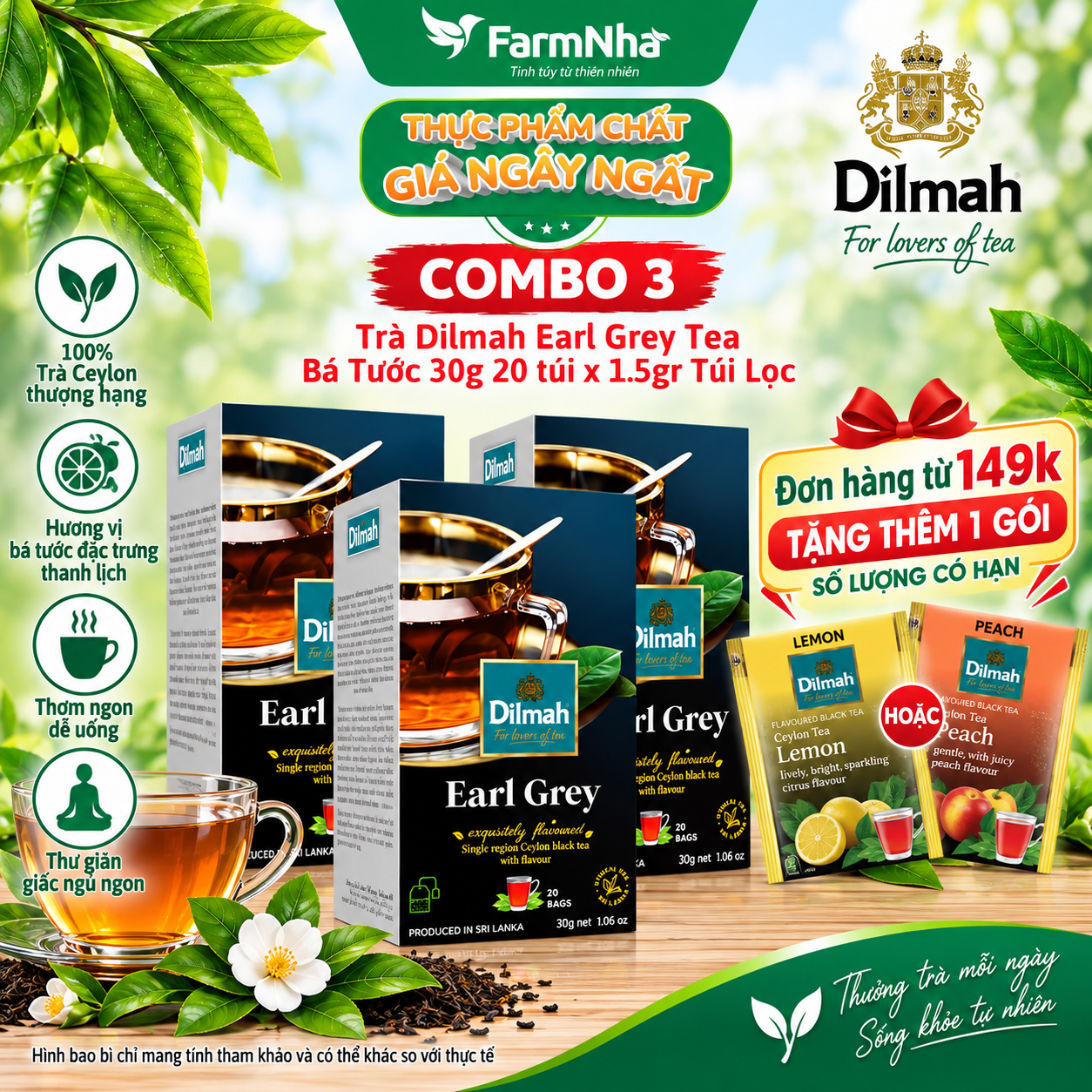 (Combo 3) Trà Dilmah Earl Grey Tea 30g 20x1.5g Túi lọc – Trà Bá Tước Hảo Hạng Từ Sri Lanka