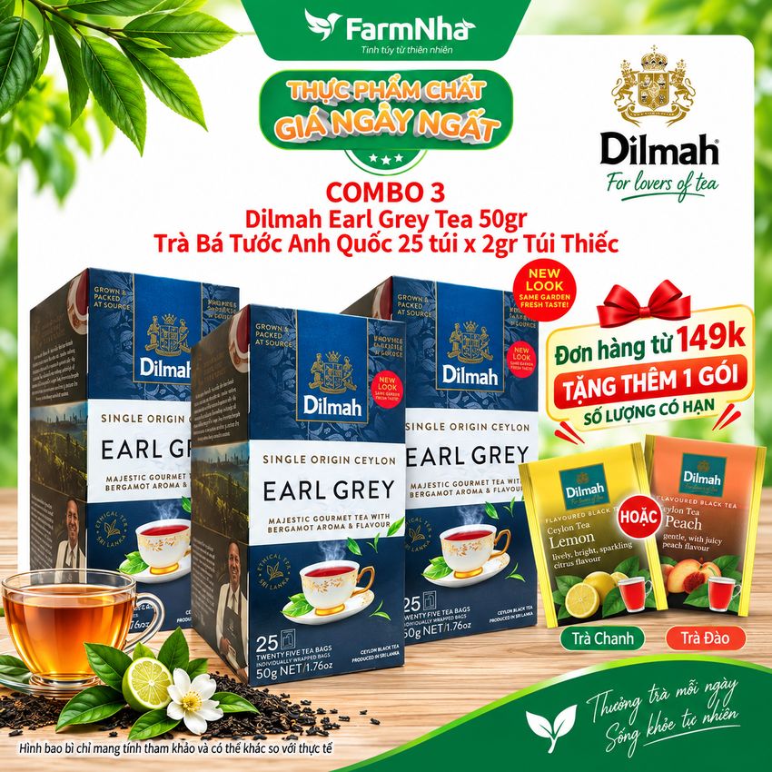 (Combo 3) Trà Dilmah Earl Grey Single Origin Ceylon Tea 50g 25x2g Túi Thiếc - Tinh Hoa Trà Bá Tước