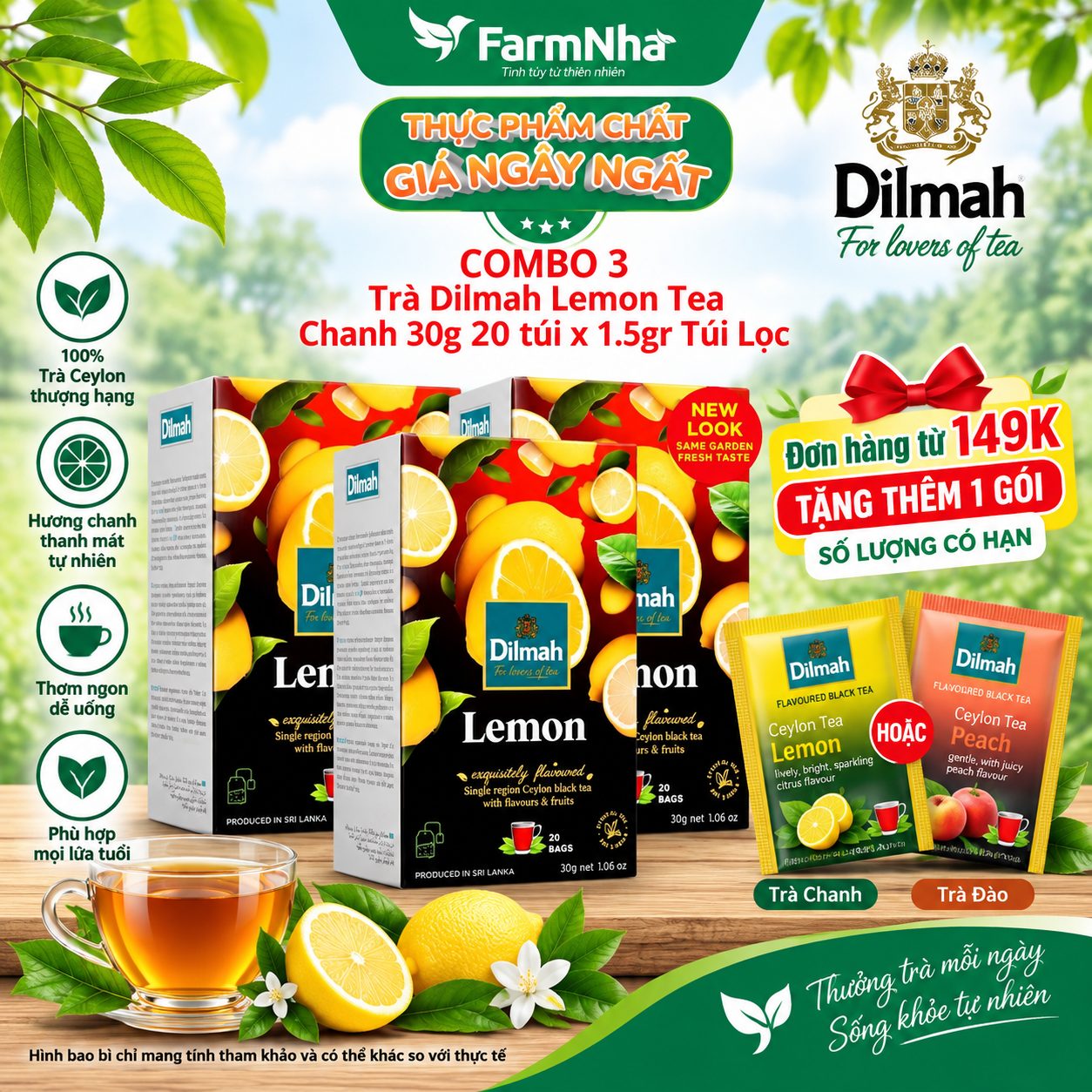 (Combo 3) Trà Dilmah Lemon 30g túi lọc 20 x 1.5g - Hương vị trà chanh tươi mát và nguyên chất, tinh hoa trà Sri Lanka