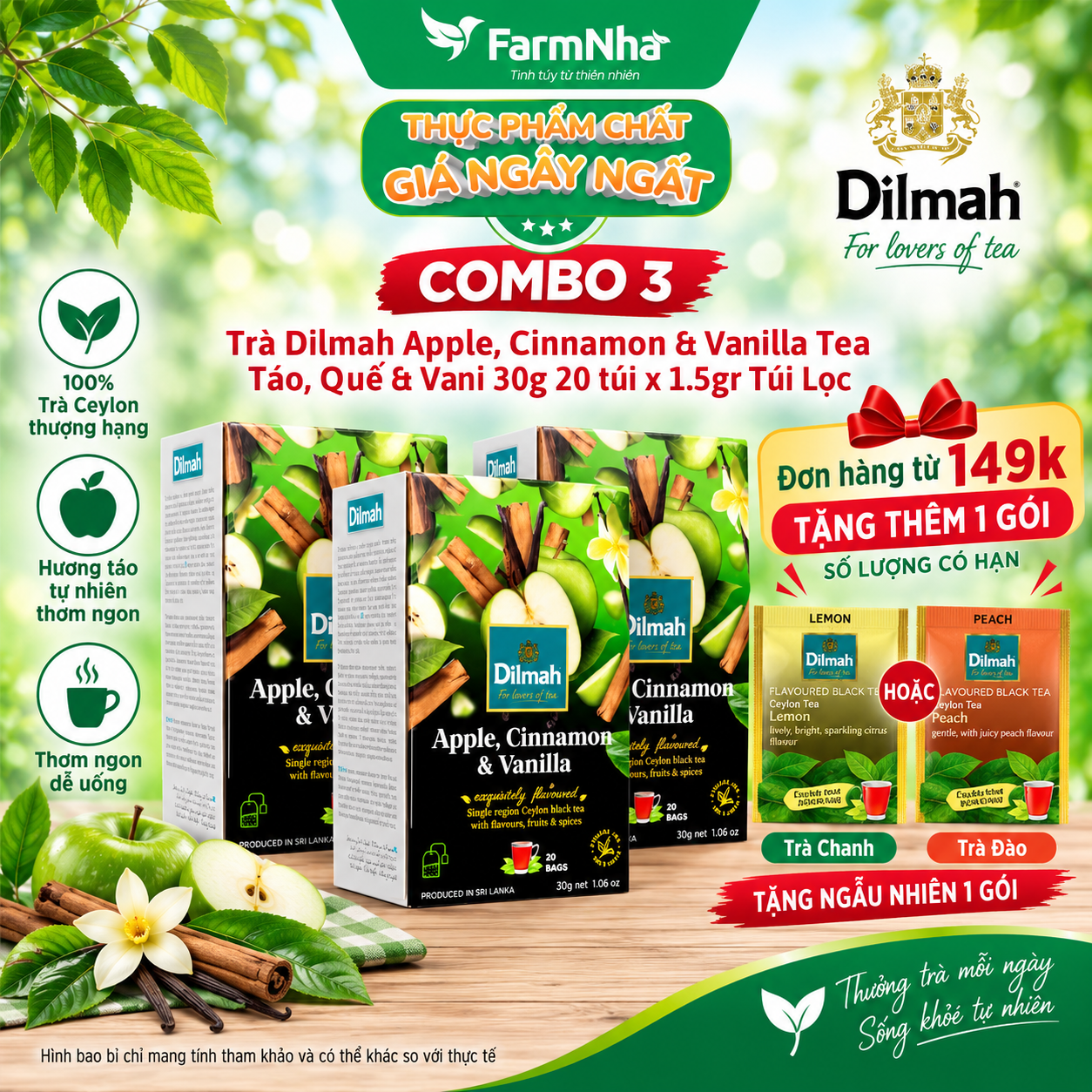(Combo 3) Trà Dilmah Apple Cinnamon & Vanilla Hương Táo Quế & Vanilla 30g 20 túi x 1.5gr