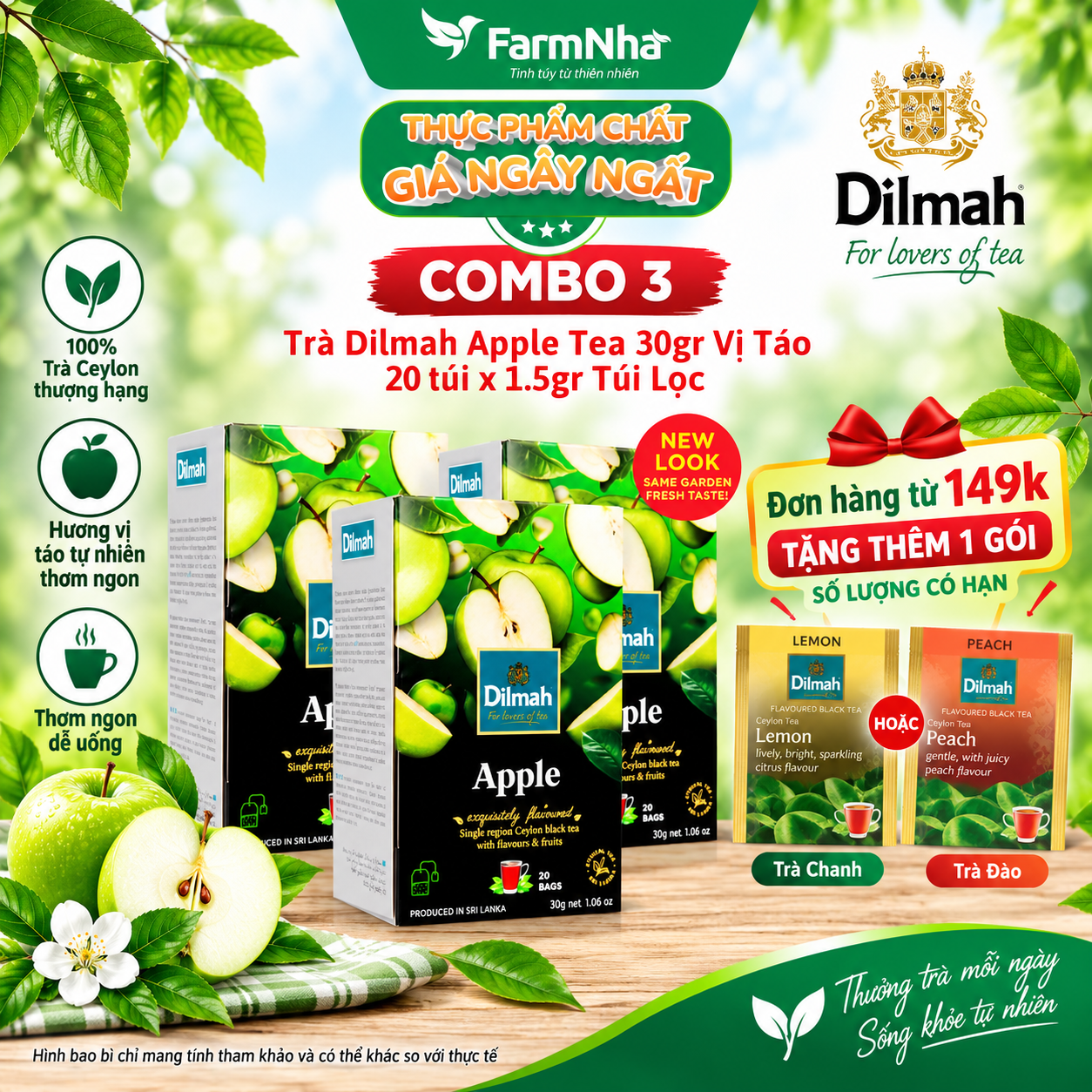 (Combo 3) Trà Dilmah Apple 30gr 20túi x 1.5g Túi Lọc - Hương Táo Ngọt Ngào Thanh Mát từ Sri Lanka