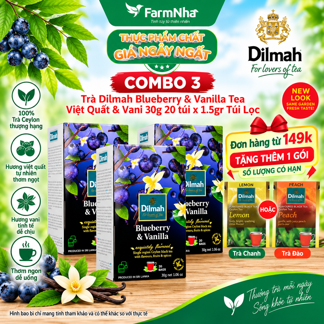(Combo 3) Trà Dilmah Blueberry & Vanilla Hương việt quất & vanilla túi lọc 30g 20 túi x 1.5g - TInh hoa trà Sri Lanka