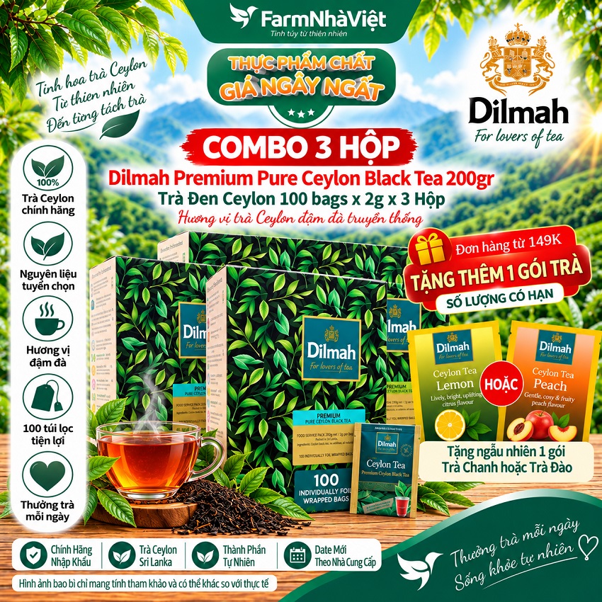 (Combo 3) Trà Dilmah Premium Pure Ceylon Black Tea 200g 100x2g Túi thiếc - Tinh hoa trà Sri Lanka