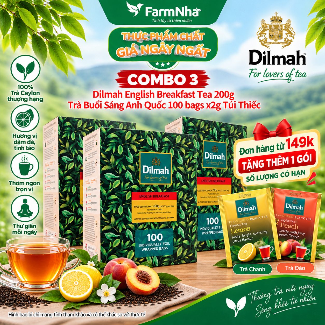 (Combo 3) Trà Dilmah English Breakfast Buổi Sáng Anh Quốc 200g 100 Túi x 2g Túi Bạc Riêng Biệt – Tuyệt vời để khởi đầu một ngày mới