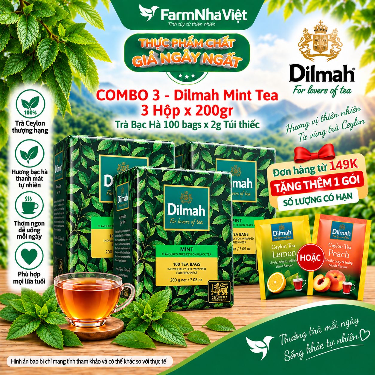 (Combo 3) Trà Dilmah Mint Hương Bạc Hà Túi Lọc 200g 100 Túi x 2g Túi Bạc Riêng Biệt - Hương Vị Tươi Mát, Thư Giãn Tuyệt Vời