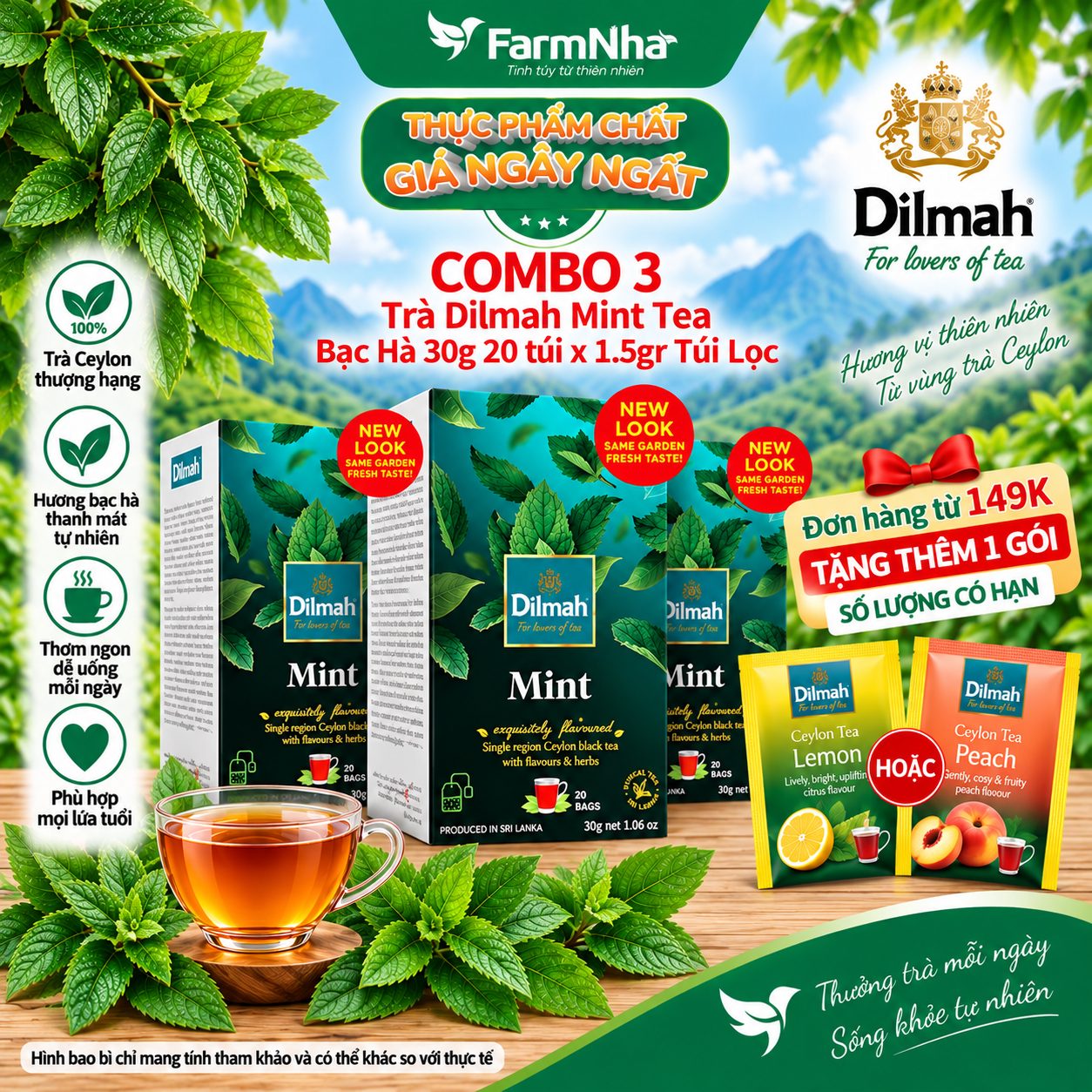 (Combo 3) Trà Dilmah Mint vị Bạc Hà túi lọc 30g 20 túi x 1.5g - Tinh hoa trà Sri Lanka