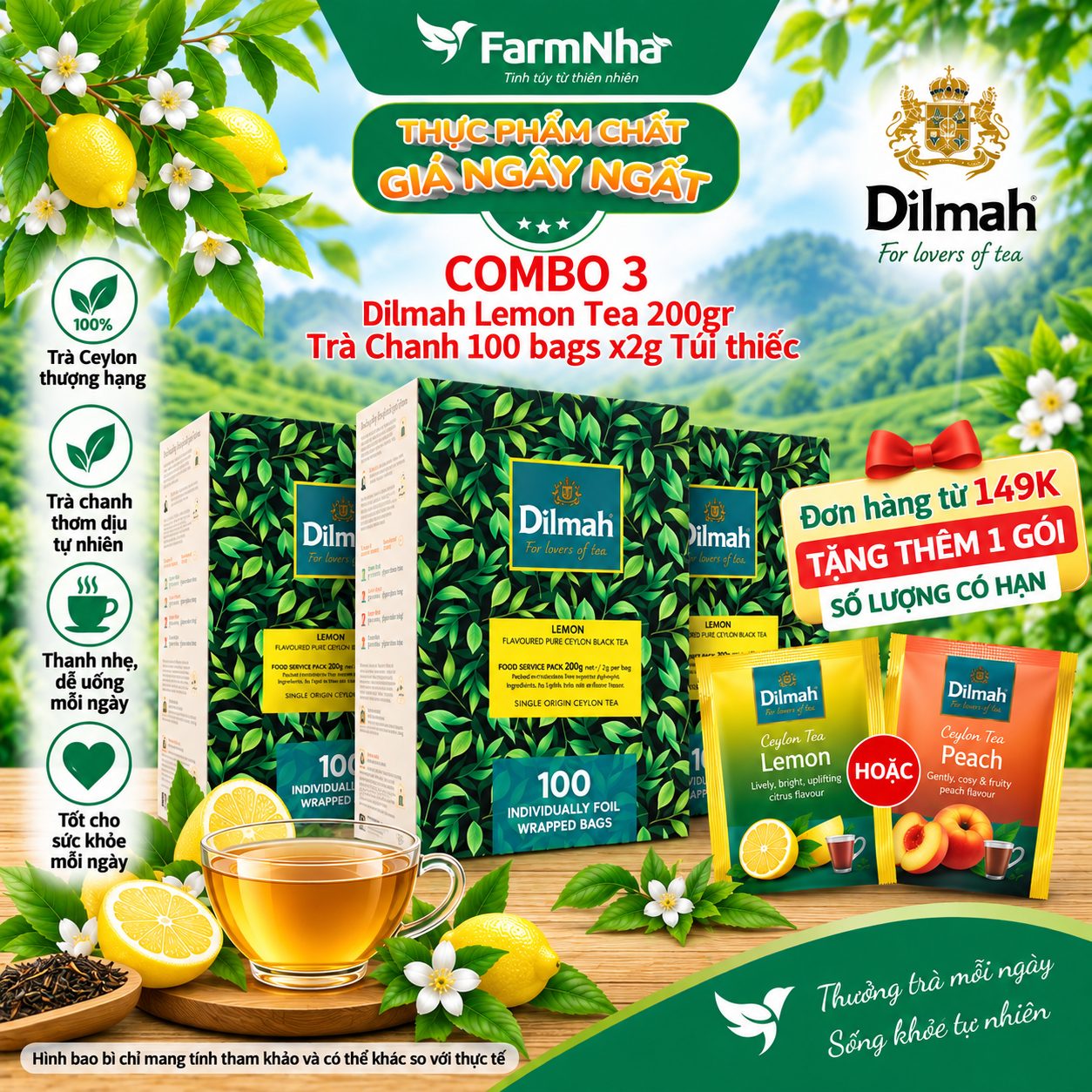 (Combo 3) Trà Dilmah Lemon hương Chanh 200g 100 túi x 2gr Túi Bạc Riêng Biệt - Vị trà chanh tươi mát và nguyên chất