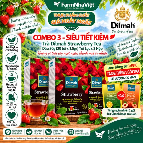 (Combo 3) Trà Dilmah Strawberry Vị Dâu túi lọc 30g 20 túi x 1.5g - Tinh hoa trà Sri Lanka