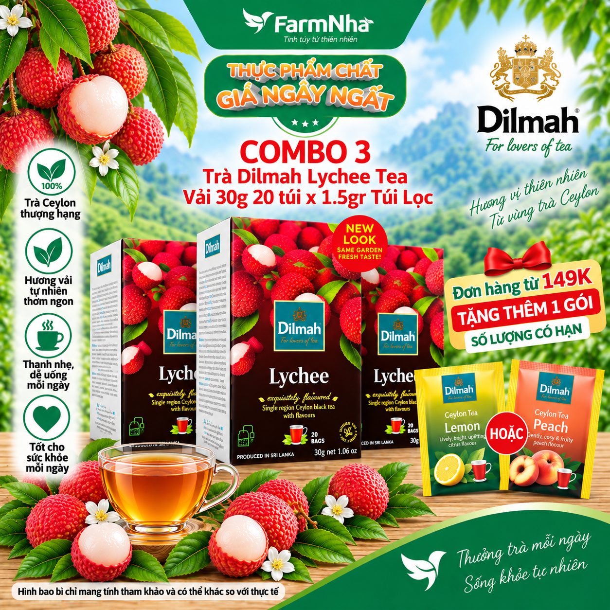 (Combo 3) Trà Dilmah Lychee Hương Vải túi lọc 30g 20 túi x 1.5g - Tinh hoa trà Sri Lanka