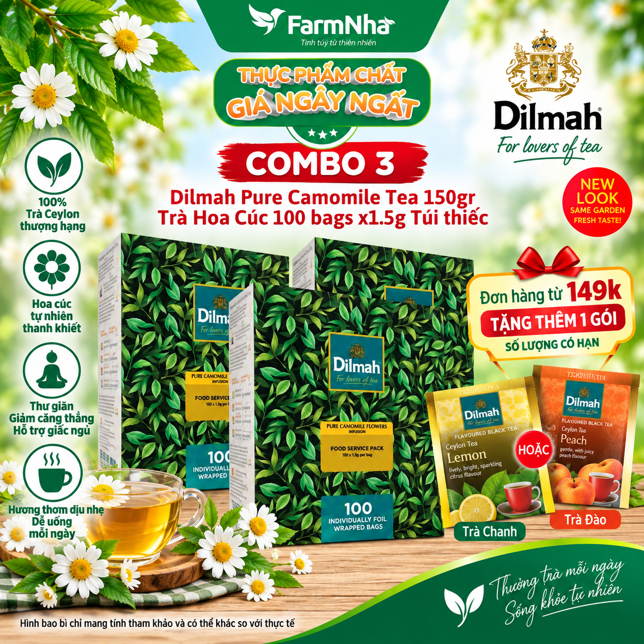(Combo 3) Trà Dilmah Pure Camomile 150g 100 Túi x 1.5g Túi Bạc Riêng Biệt – Thảo Dược Hoa Cúc Thư Giãn và Cải Thiện Giấc Ngủ