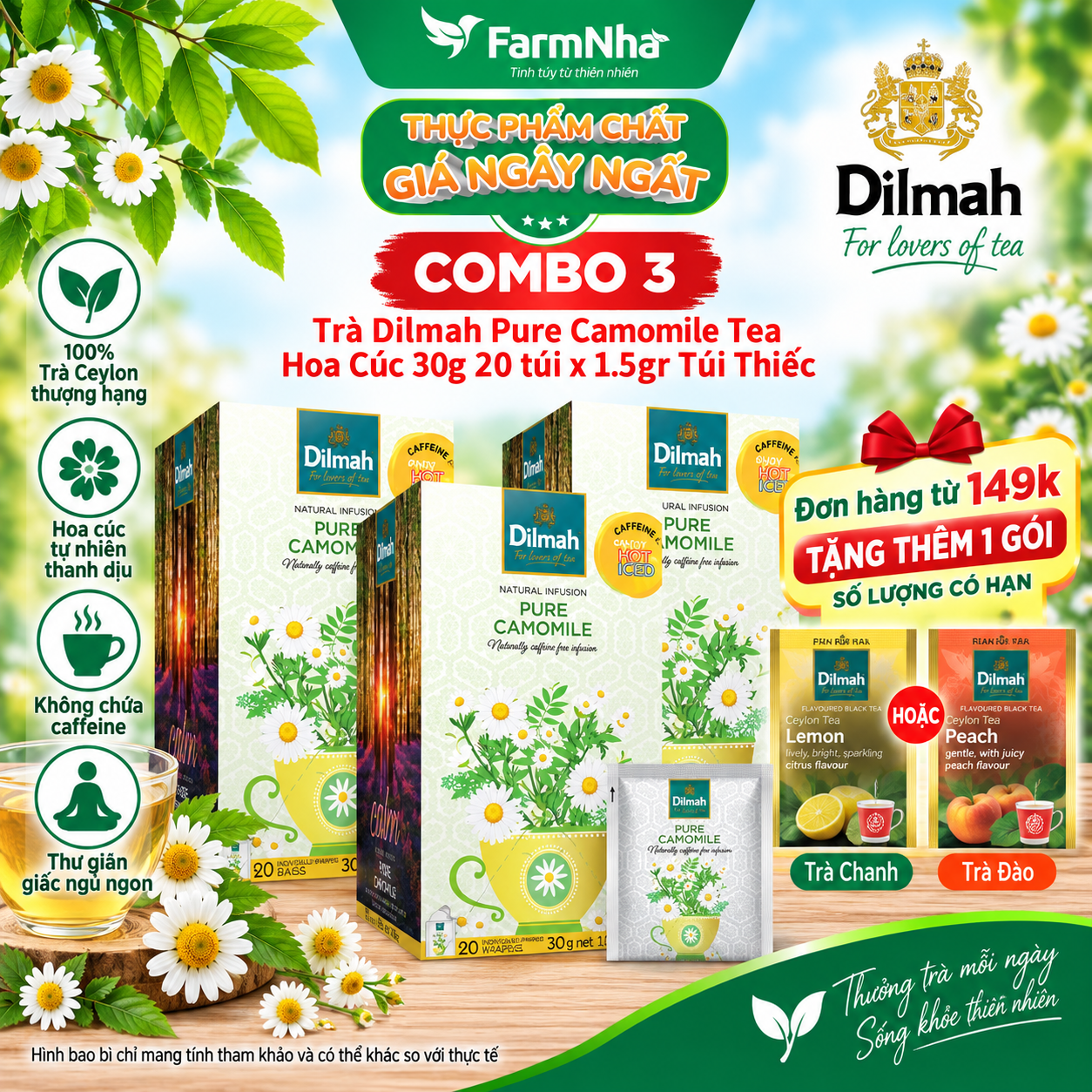 (Combo 3) Trà Dilmah Pure Camomile 30g 20 Túix1.5g Túi Bạc Riêng Biệt – Thảo Dược Hoa Cúc Thư Giãn Tinh Thần