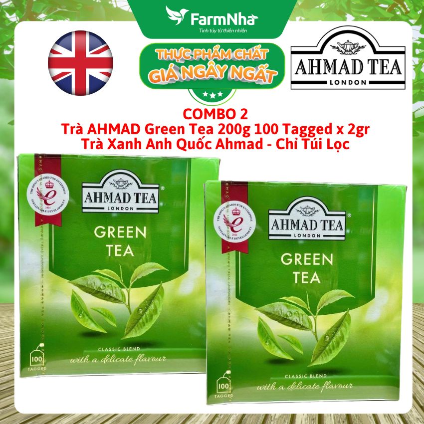 (Combo 3) Trà Xanh Ahmad Green Tea 200g 100x2g Chỉ Túi Lọc – Hương Vị Thanh Khiết & Tinh Tế 