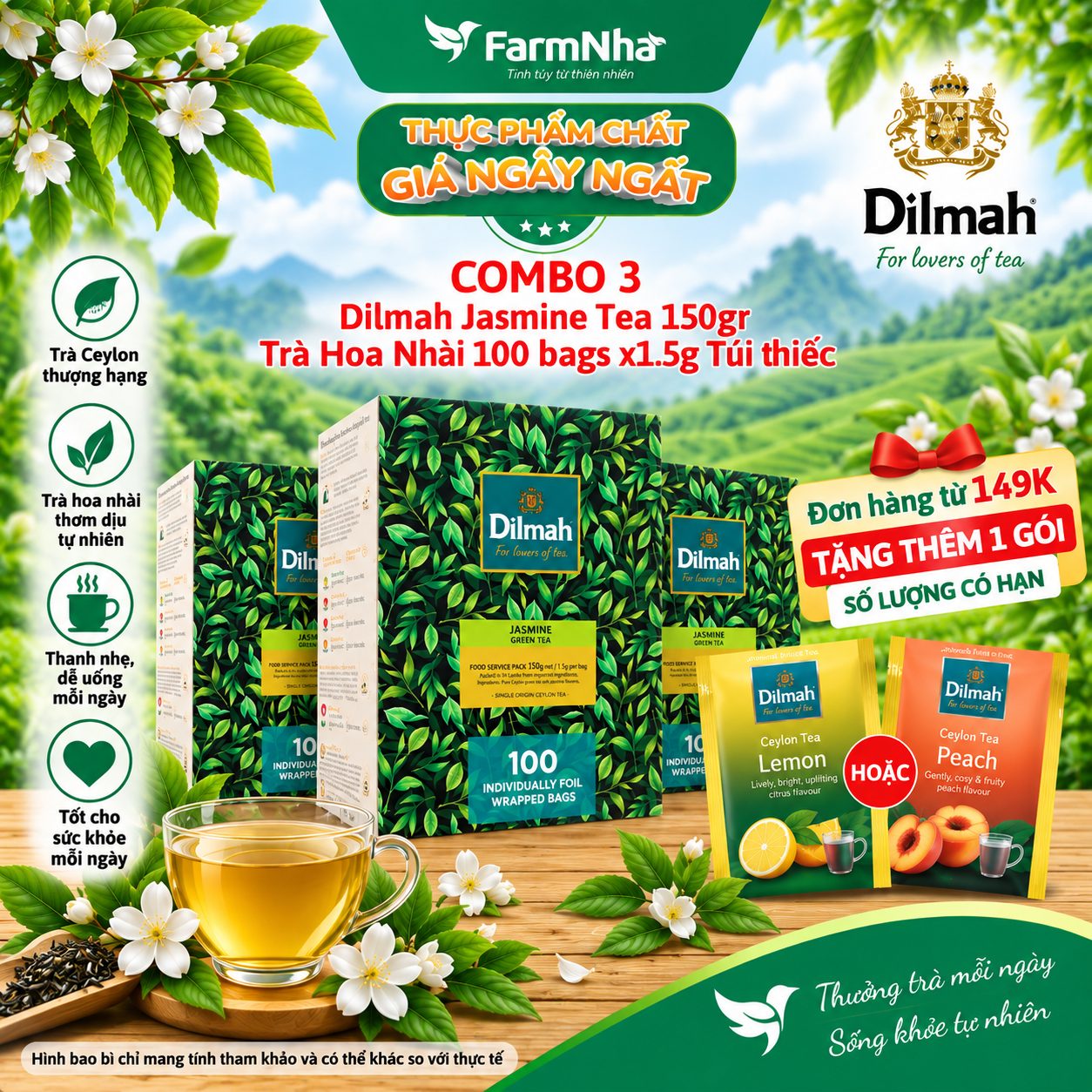 (Combo 3) Trà Dilmah Green Tea with Jasmine Petals Hoa Nhài 150g 100 Túi x 1.5g Túi Bạc Riêng Biệt - Hương Hoa Nhài Tự Nhiên Dịu Dàng và Tinh Khiết