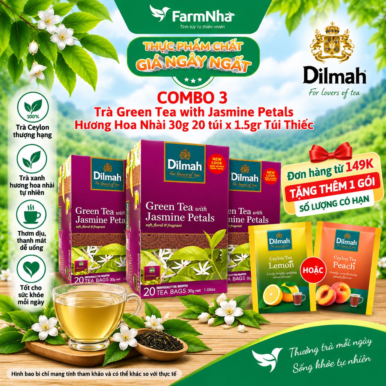 (Combo 3) Trà Dilmah Green Tea with Jasmine Petals 30g 20 Túix1.5g Túi Bạc Riêng Biệt - Hương Nhài Dịu Dàng Tự Nhiên
