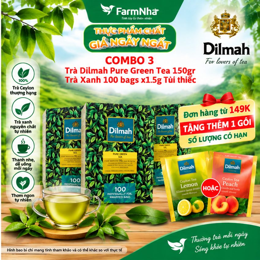 (Combo 3) Trà Dilmah Pure Green Trà Xanh 150g 100 túi x1.5g Túi Bạc Riêng Biệt - Lựa chọn tuyệt vời cho những ai yêu thích trà xanh