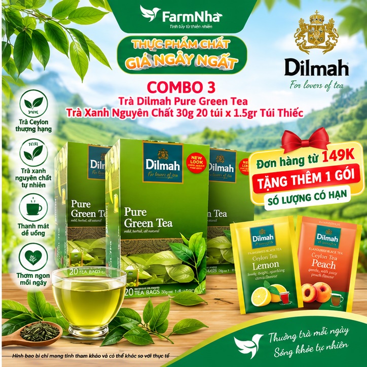 (Combo 3) Trà Dilmah Pure Green 30g 20 túix1.5g Túi Bạc Riêng Biệt - Tuyệt vời cho những ai yêu thích trà xanh