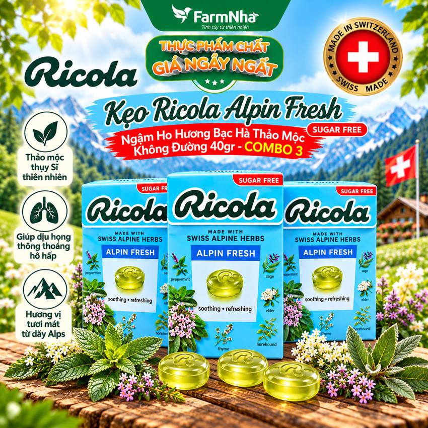 (Combo 3) Kẹo Ricola Alpin Fresh Sugar Free 40g Hộp Giấy Không Đường – Mát Lạnh Họng, Thông Cổ Tức Thì