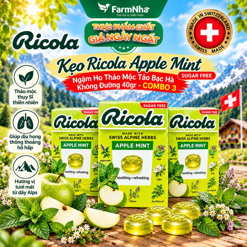(Combo 3) Kẹo Ngậm Ho Ricola Apple Mint 40g Sugar Free - Vị Táo Bạc Hà Thảo Mộc Từ Thủy Sĩ