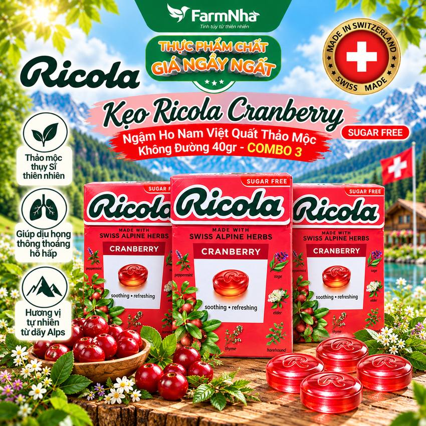 (Combo 3) Kẹo Ricola Cranberry Sugar Free 40g Hộp Giấy Không Đường – Quả Nam Việt Quất, Giảm Ho, Mát Họng, Thơm Miệng