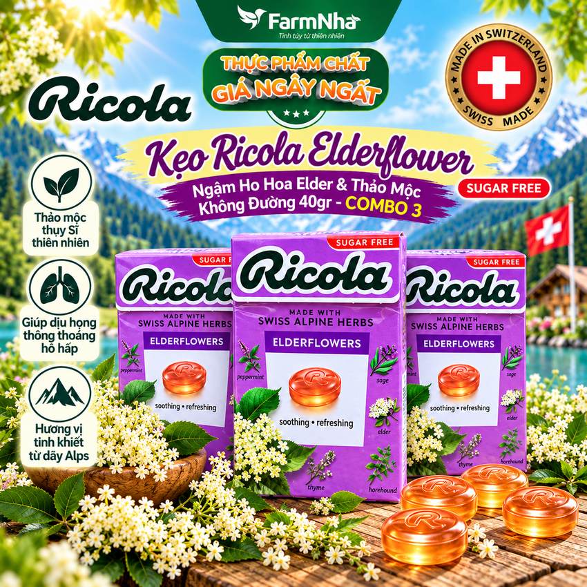 (Combo 3) Kẹo Ricola Elderflower Sugar Free 40g Hộp Giấy Không Đường - Hoa Elder Thanh Mát Dịu Họng