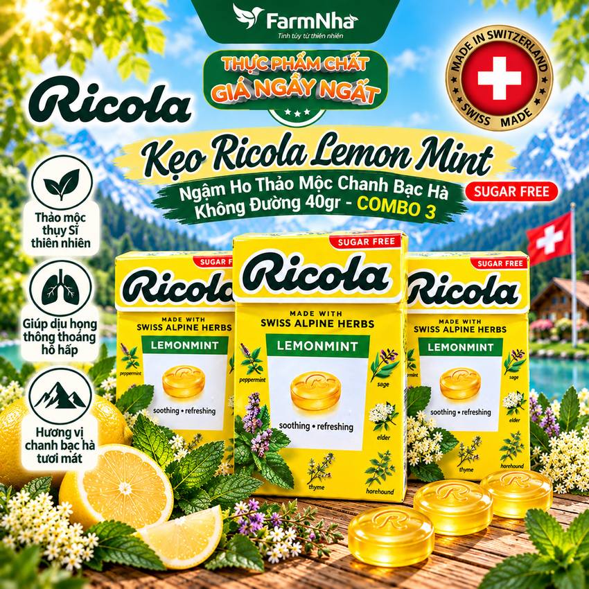 (Combo 3) Kẹo Ricola Lemon Mint Sugar Free 40g Hộp Giấy Không Đường – Vị Chanh Bạc Hà, Mát Họng, Giảm Ho Từ Thụy Sĩ