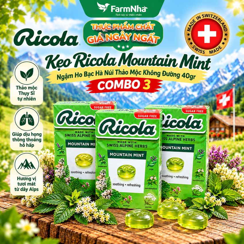 (Combo 3) Kẹo Ricola Mountain Mint Sugar Free 40g Hộp Giấy Không Đường – Bạc Hà Núi Giảm Ho Mát Họng