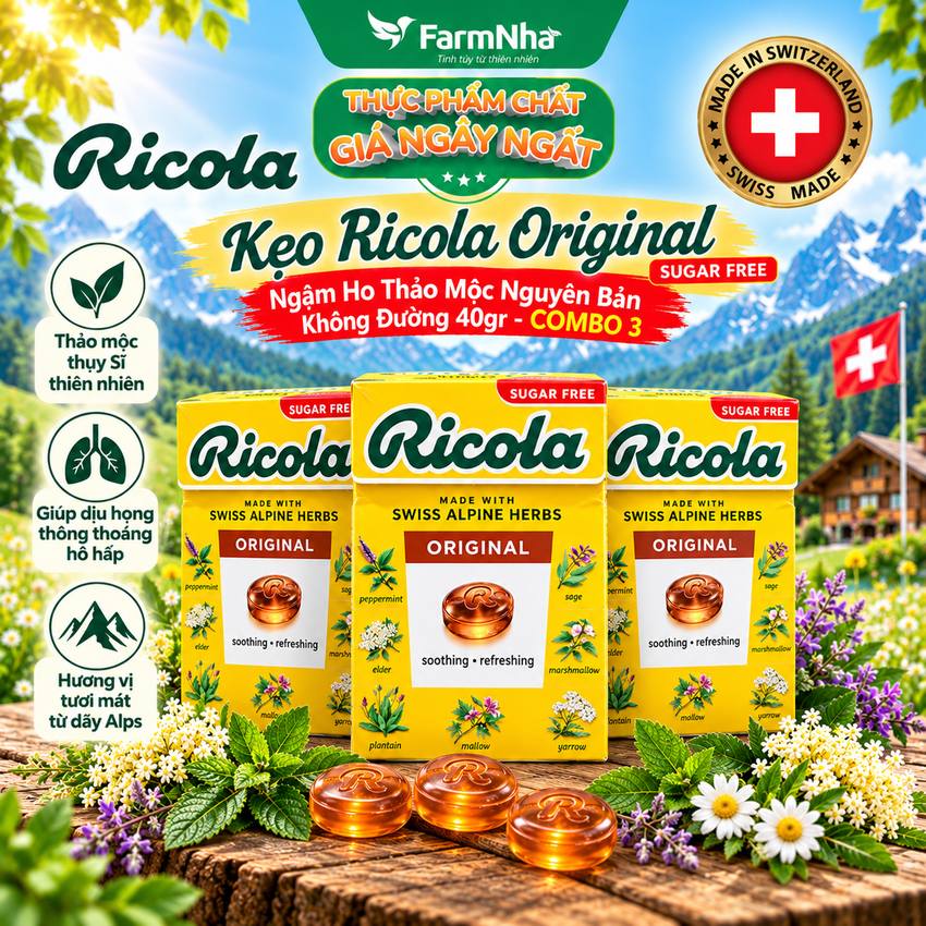 (Combo 3) Kẹo Ricola Original Herb Sugar Free 40g Hộp Giấy Không Đường – Dịu Họng, Giảm Ho, Thanh Mát Tự Nhiên