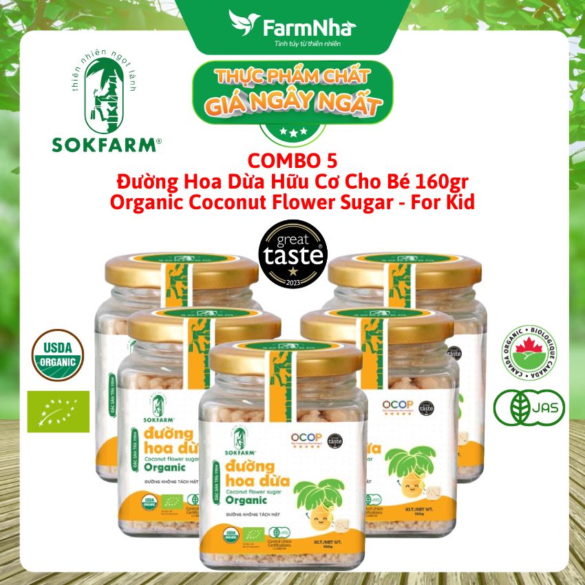 (Combo 5) Đường Hoa Dừa Hữu Cơ Sokfarm 160g Cho Bé | Đường Tự Nhiên Chỉ Số GI Thấp An Toàn Cho Bé