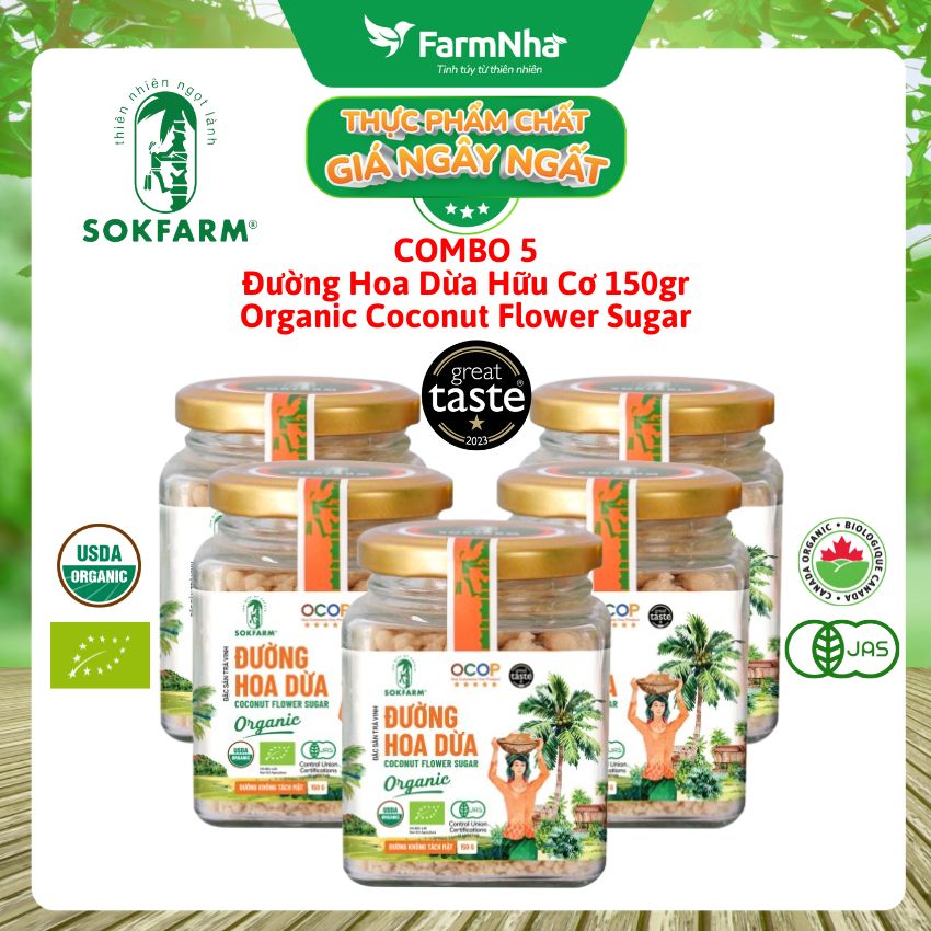 (Combo 5) Đường hoa dừa Hữu Cơ Sokfarm Hủ 150gr - Chỉ số đường huyết thấp, tăng cường sức khỏe