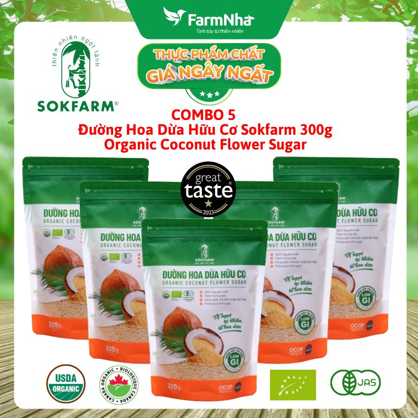 (Combo 5) Đường hoa dừa Hữu Cơ Sokfarm Túi 300gr - Chỉ số đường huyết thấp, tăng cường sức khỏe