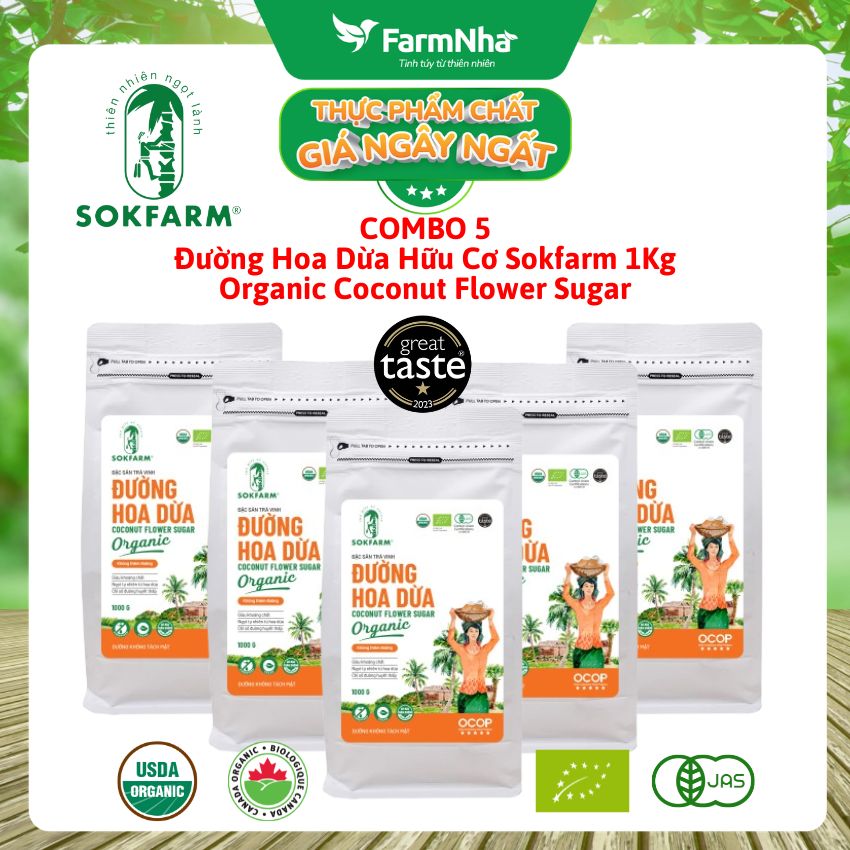 (Combo 5) Đường hoa dừa Hữu Cơ Sokfarm túi 1kg - Chỉ số đường huyết thấp, tăng cường sức khỏe