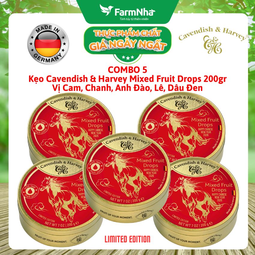 (Combo 5) Kẹo Cavendish & Harvey Mixed Fruit 200g Con Ngựa Hộp Thiếc - Kẹo Đức Phiên Bản Đặc Biệt 