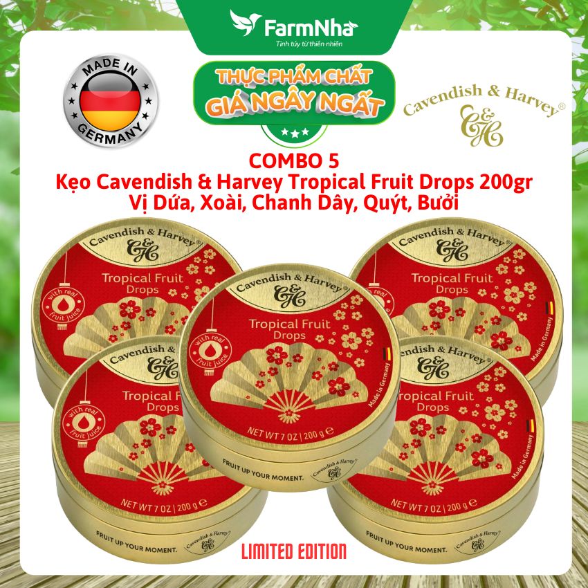 (Combo 5) Kẹo Cavendish & Harvey Tropical Fruit 200g Quạt Hộp Thiếc - Kẹo Đức Phiên Bản Đặc Biệt 