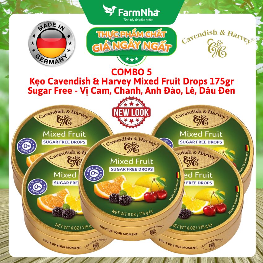 (Combo 5) Kẹo Cavendish & Harvey MIXED FRUIT Sugar Free 175gr Hộp Thiếc - Kẹo Đức vị Trái Cây Không Đường
