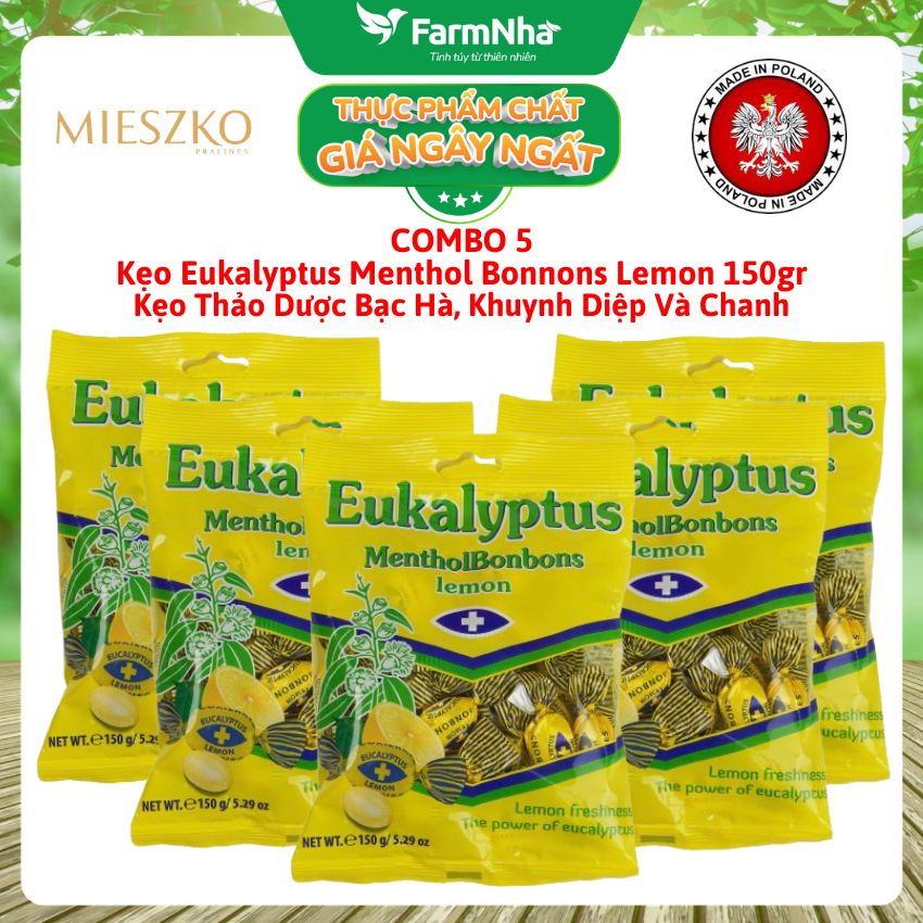 (Combo 5) Kẹo Eukalyptus Menthol Bonbons Lemon 150g Ba Lan – Kẹo Bạc Hà Khuynh Diệp Chanh