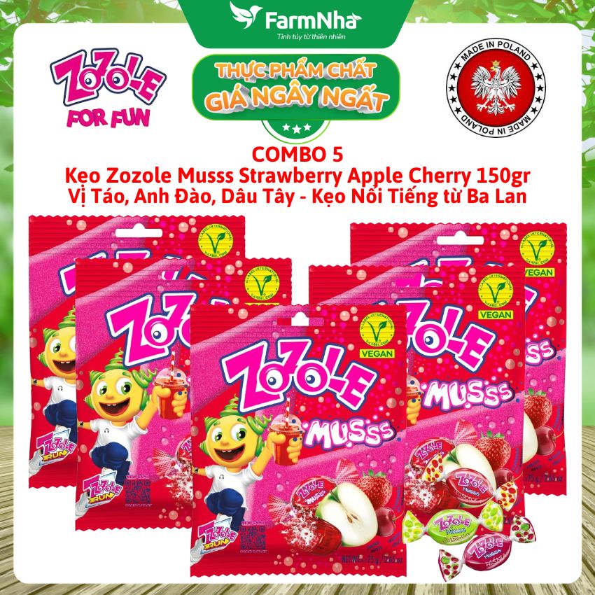 (Combo 5) Kẹo Zozole Musss Strawberry Apple Cherry 75gr – Vị Trái Cây Chua Ngọt Siêu Vui Nhộn