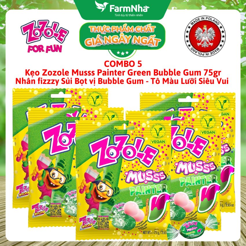 (Combo 5) Kẹo Zozole Musss Painter Green Bubble Gum 75gr – Hiệu Ứng Đổi Màu Lưỡi Siêu Vui