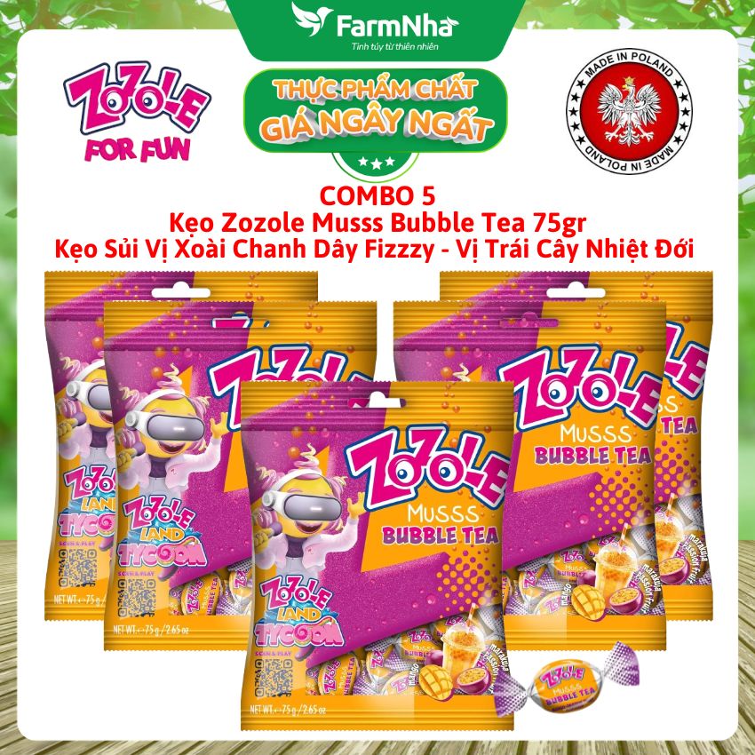 (Combo 5) Kẹo Zozole Musss Bubble Tea 75g - Kẹo Sủi Xoài Chanh Dây Fizzzzy vị Trái Cây Nhiệt Đới 