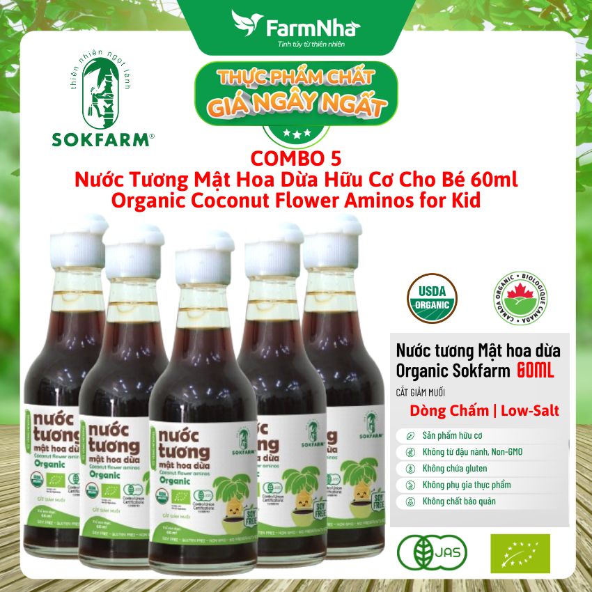 (Combo 5) Nước Tương Mật Hoa Dừa Hữu Cơ Sokfarm 60ml Cho Bé | Nước Chấm Hữu Cơ Ít Muối