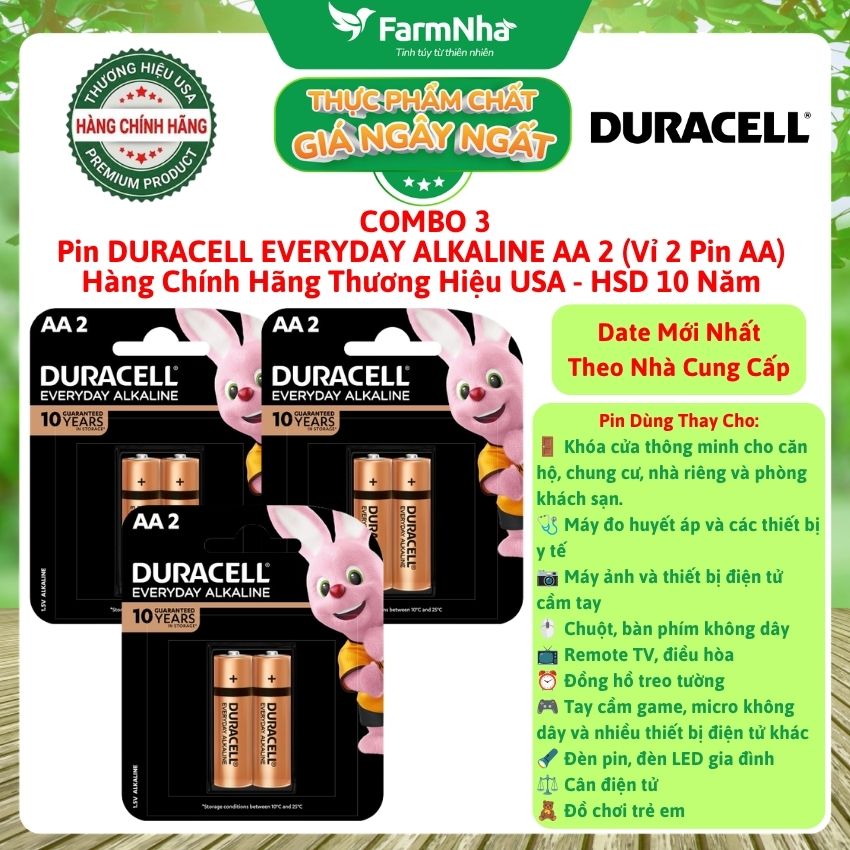 (Combo 5) Pin DURACELL EVERYDAY ALKALINE AA2 1.5V Vỉ 2 Viên Chính Hãng USA - HSD Lưu Kho Đến 10 Năm