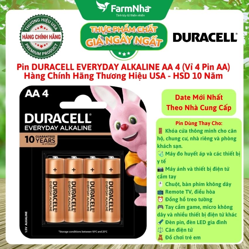 (Combo 5) Pin DURACELL EVERYDAY ALKALINE AA4 1.5V Vỉ 4 Viên - Hàng Chính Hãng USA, HSD Lưu Kho Đến 10 Năm