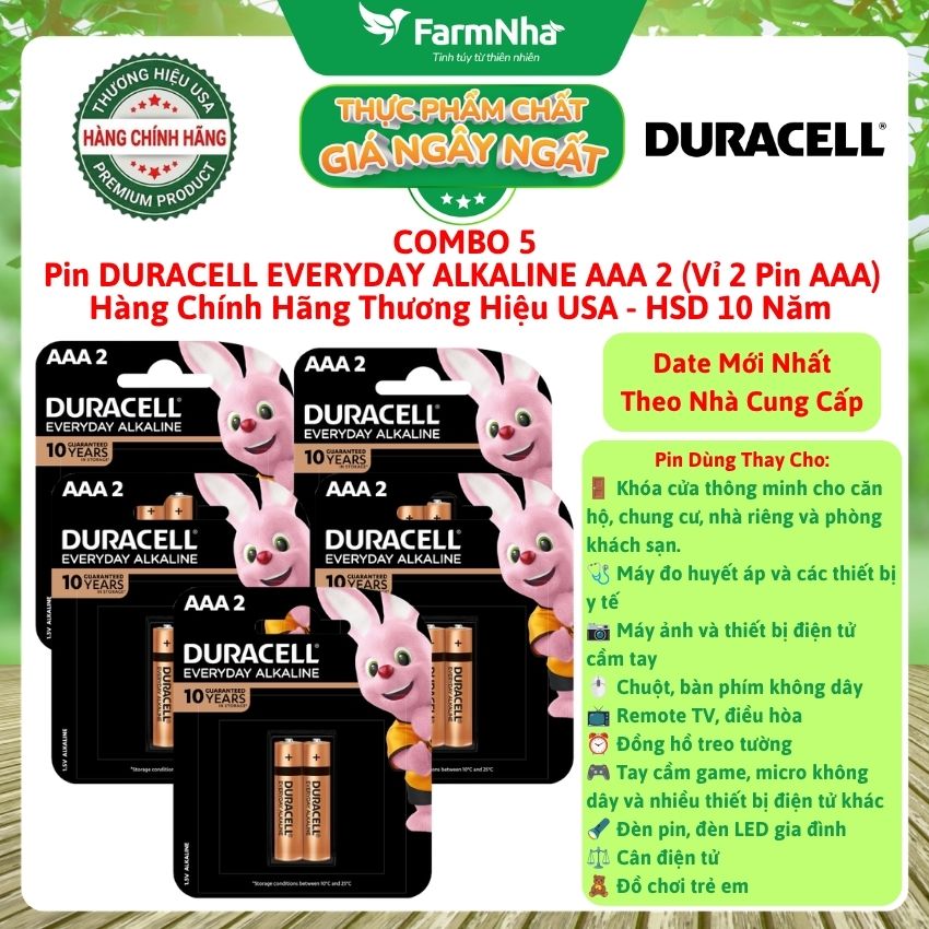 (Combo 5) Pin DURACELL Everyday Alkaline AAA2 1.5V Vỉ 2 Viên Chính Hãng – Pin Kiềm Bền Bỉ