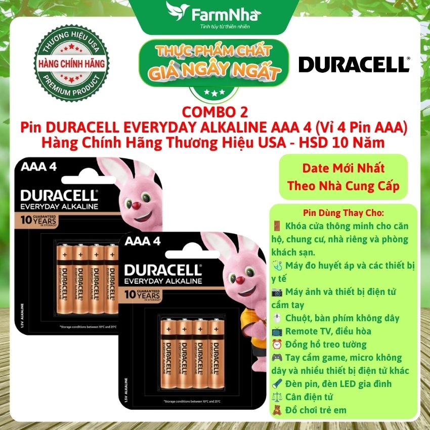 (Combo 5) Pin DURACELL Everyday Alkaline AAA4 1.5V Vỉ 4 Viên Chính Hãng – Pin Kiềm Bền Bỉ
