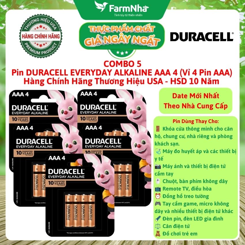 (Combo 5) Pin DURACELL Everyday Alkaline AAA4 1.5V Vỉ 4 Viên Chính Hãng – Pin Kiềm Bền Bỉ 