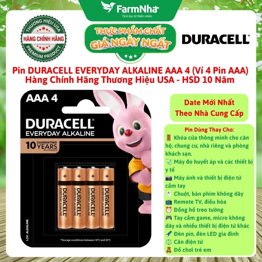 (Combo 5) Pin DURACELL Everyday Alkaline AAA4 1.5V Vỉ 4 Viên Chính Hãng – Pin Kiềm Bền Bỉ