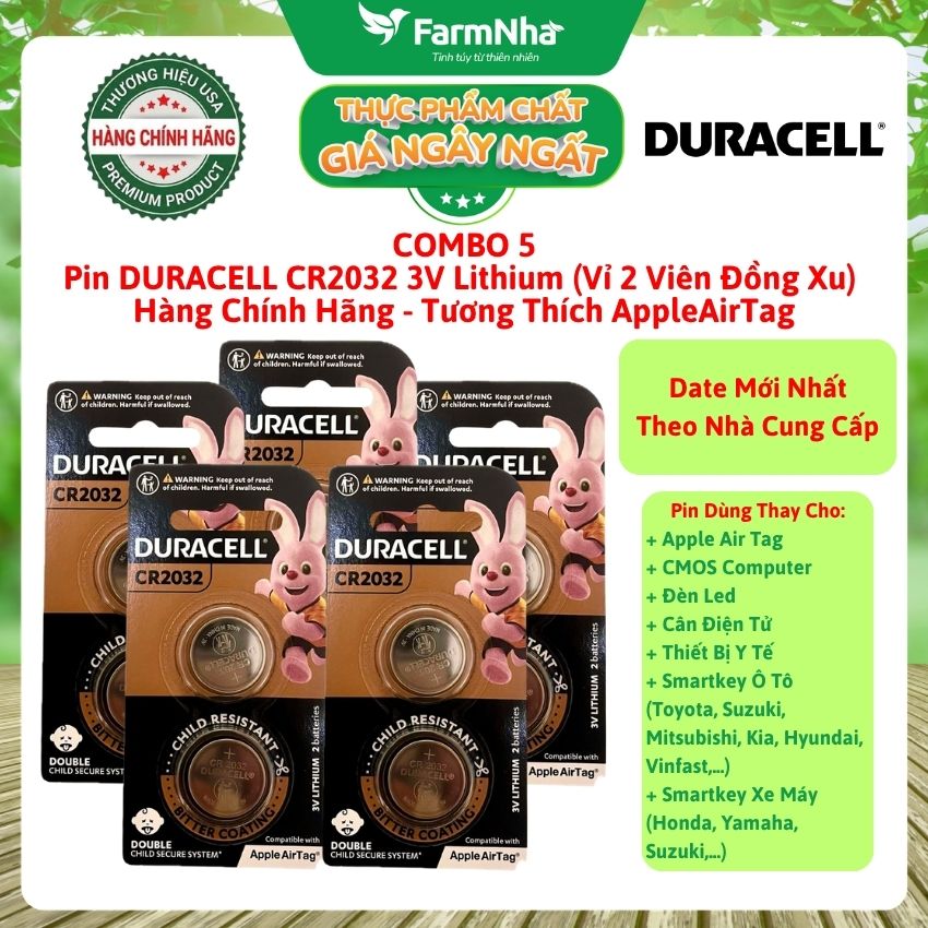 (Combo 5) Pin DURACELL CR2032 3V Lithium Vỉ 2 Viên Chính Hãng – Pin Đồng Xu Cho AirTag, Smartkey