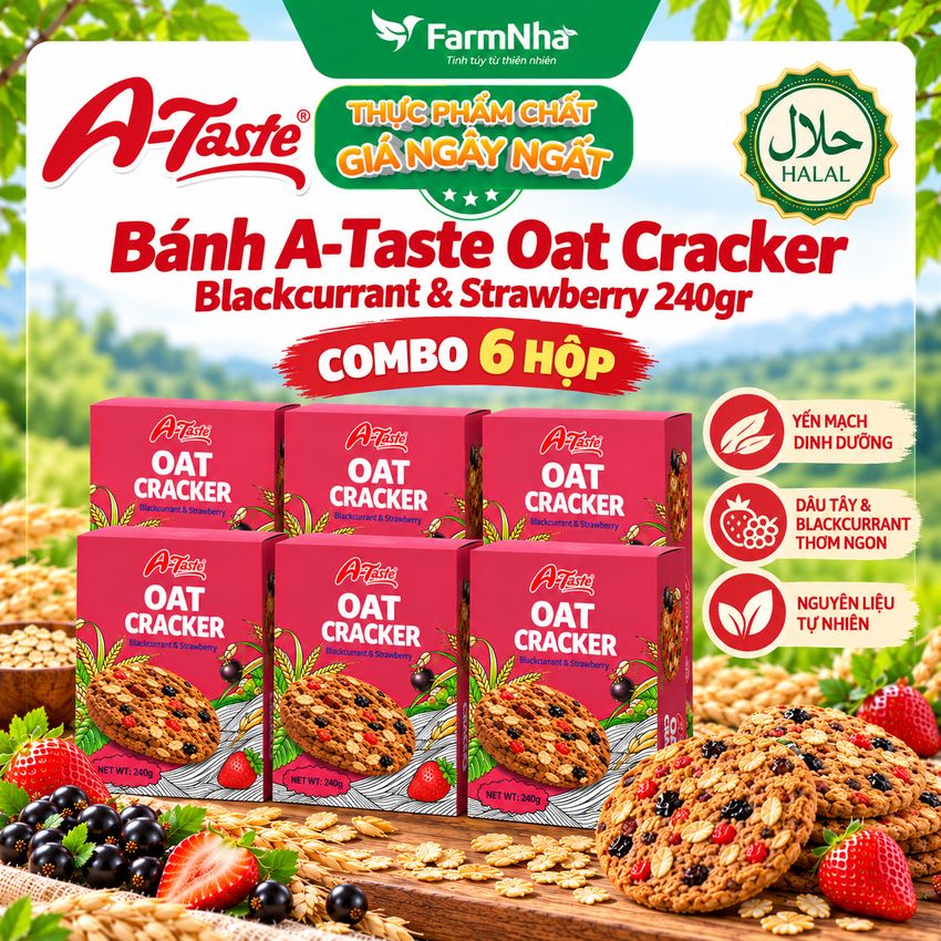 (Combo 6) Bánh A-Taste Oat Cracker Blackcurrant & Strawberry 240g – Yến Mạch Thơm, Đậm Vị Trái Cây